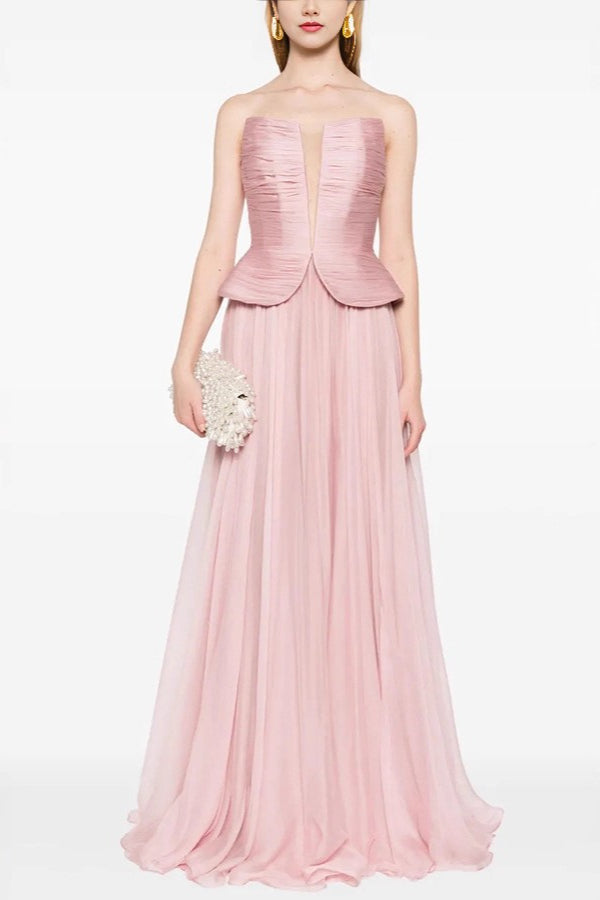 Chiffon Strapless Ruched Peplum A-Line Maxi Gown