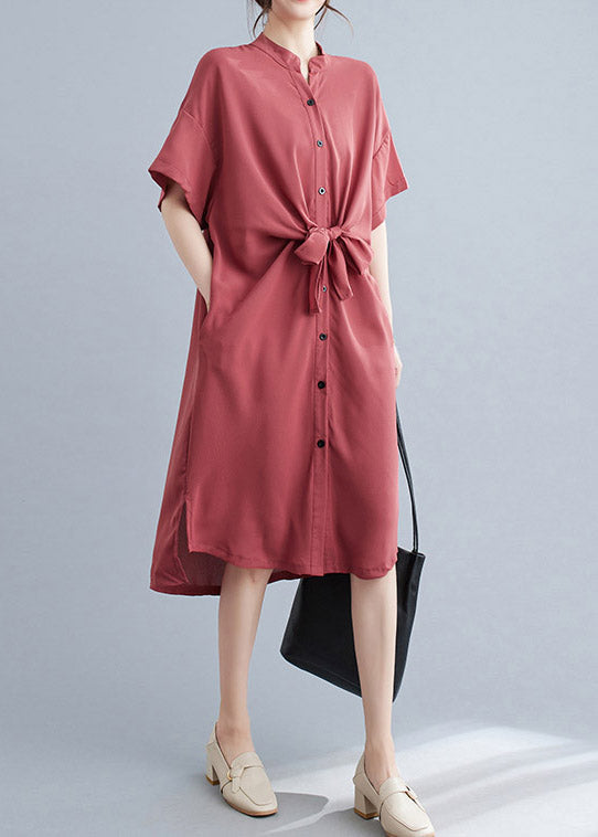 Button Down Mandarin Collar Tie Belt Short Sleeve Midi Shirt Dress - View 3