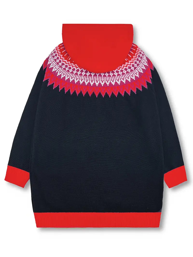 Hooded Button Front Fair Isle Knit Longline Cardigan 19