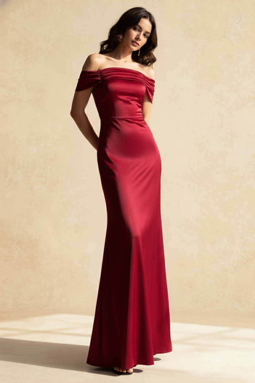 Off Shoulder Ruched Satin Column Maxi Dress 3