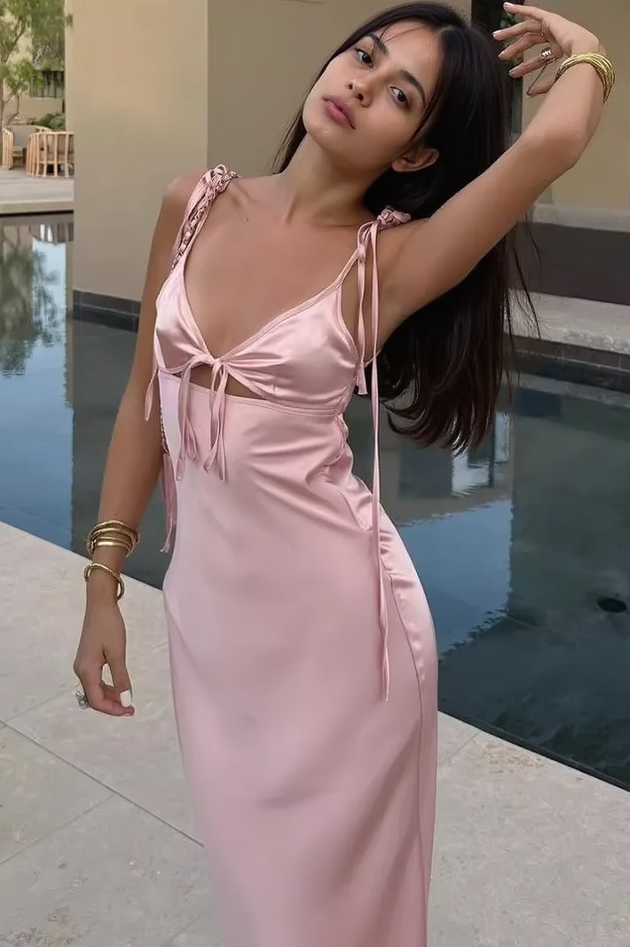 Spaghetti Strap Tie Shoulder Cut Out Satin Slip Maxi Dress 3