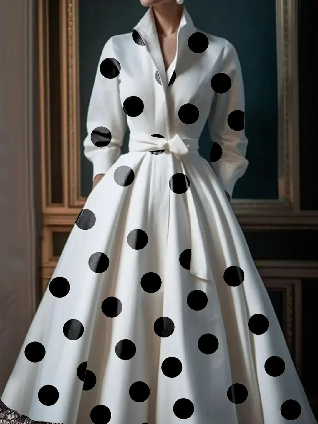 Polka Dot Lace Patchwork Belt Pocket Midi Dress - View 2