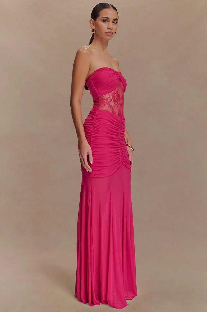 Strapless Twist Front Lace Corset Ruched Mermaid Maxi Dress 5
