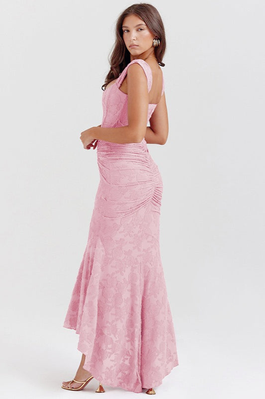 Velvet Square Neck Ruched Waist Lace Midi Dress - View 15