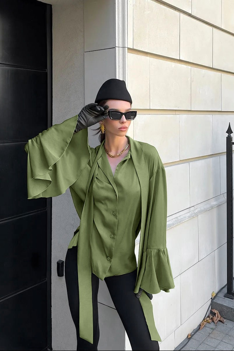 Lazy Flare Sleeve Ruffle Blouse