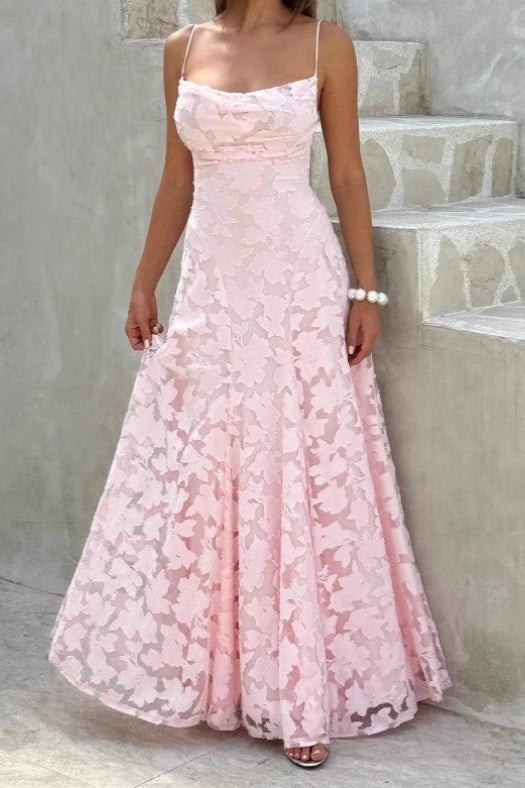 Spaghetti Strap Floral Lace Fit and Flare Maxi Dress