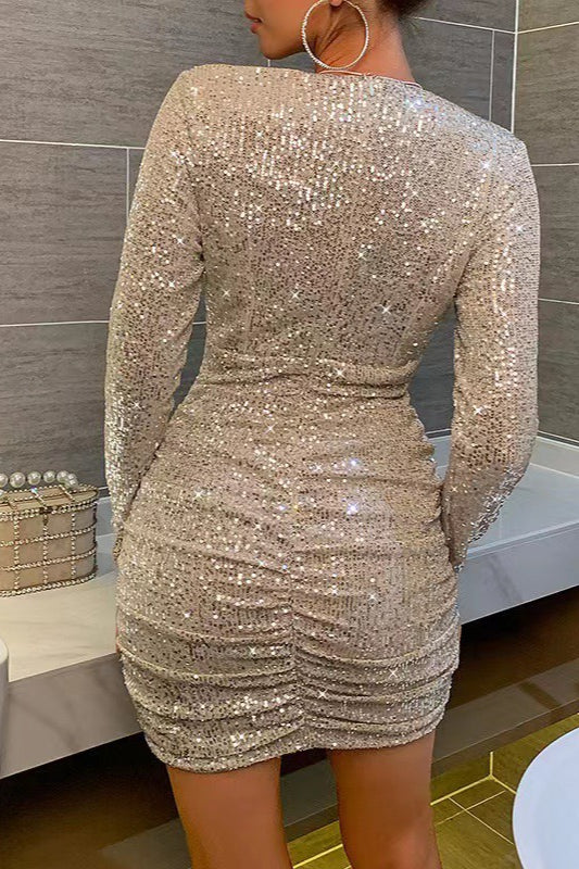 Sequin V-Neck Long Sleeve Ruched Bodycon Mini Dress in Gold - View 3