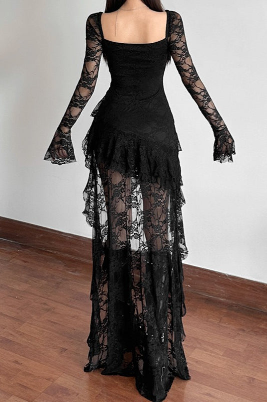 Long Sleeve Irregular Hem Lace Dress - View 2