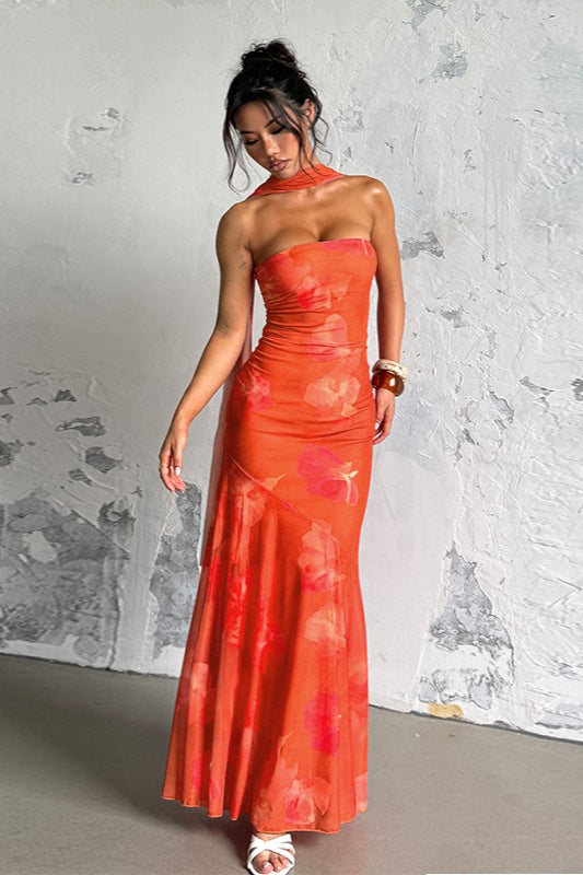 Sexy Strapless Mesh Tie Detail Maxi Floral Dress - View 5