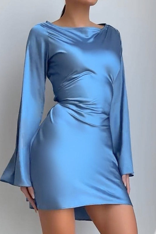Elegant Satin Waist Tie Slim Bodycon Cocktail Cocktail Dress in Blue - View 2