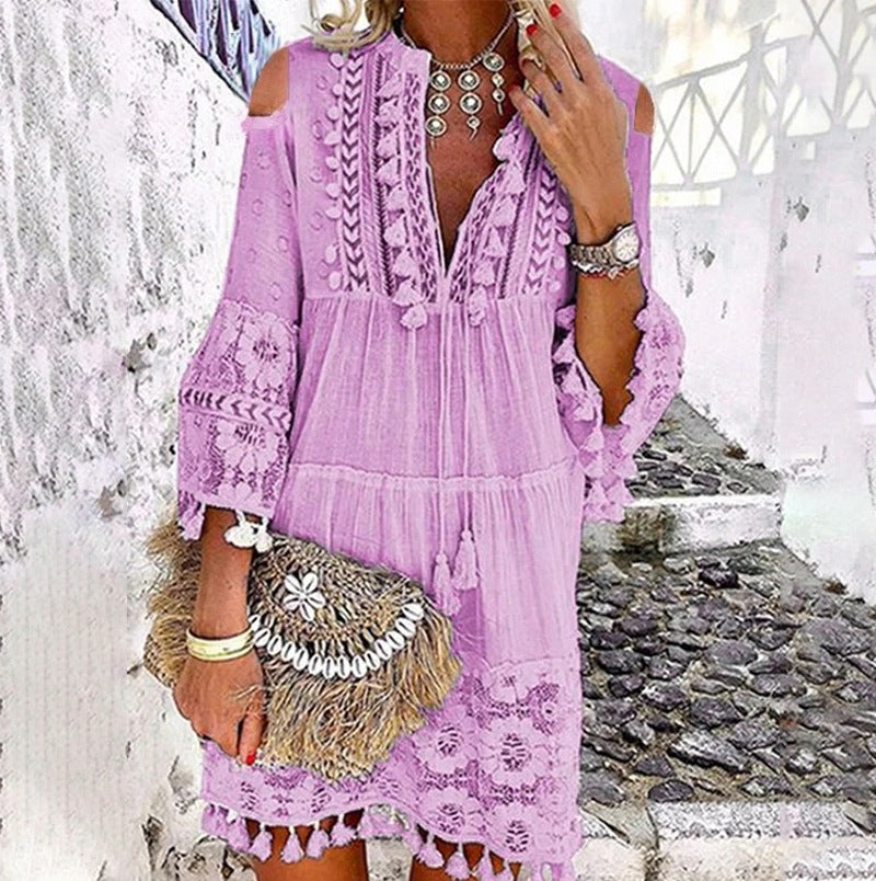 Deep V-Neck Tassel Trim Lace Insert Bell Sleeve Tiered Dress - View 13
