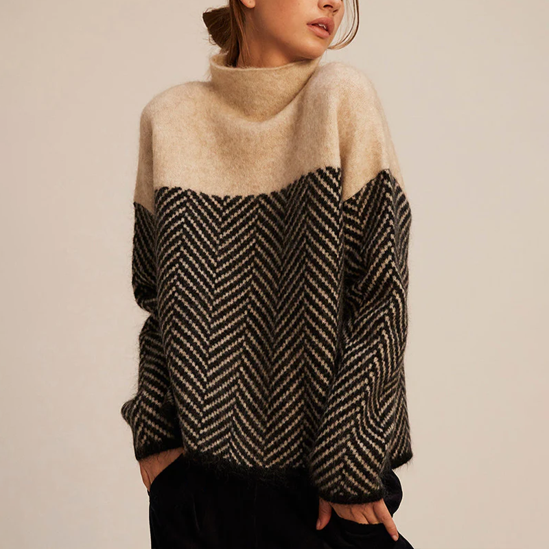 Turtleneck Long Sleeve Herringbone Colorblock Oversized Sweater