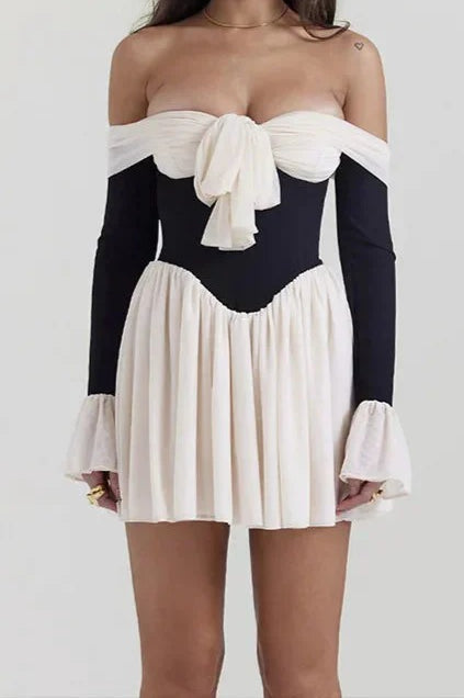 Off Shoulder Tie Front Bell Sleeve Corset Fit and Flare Mini Dress - View 4