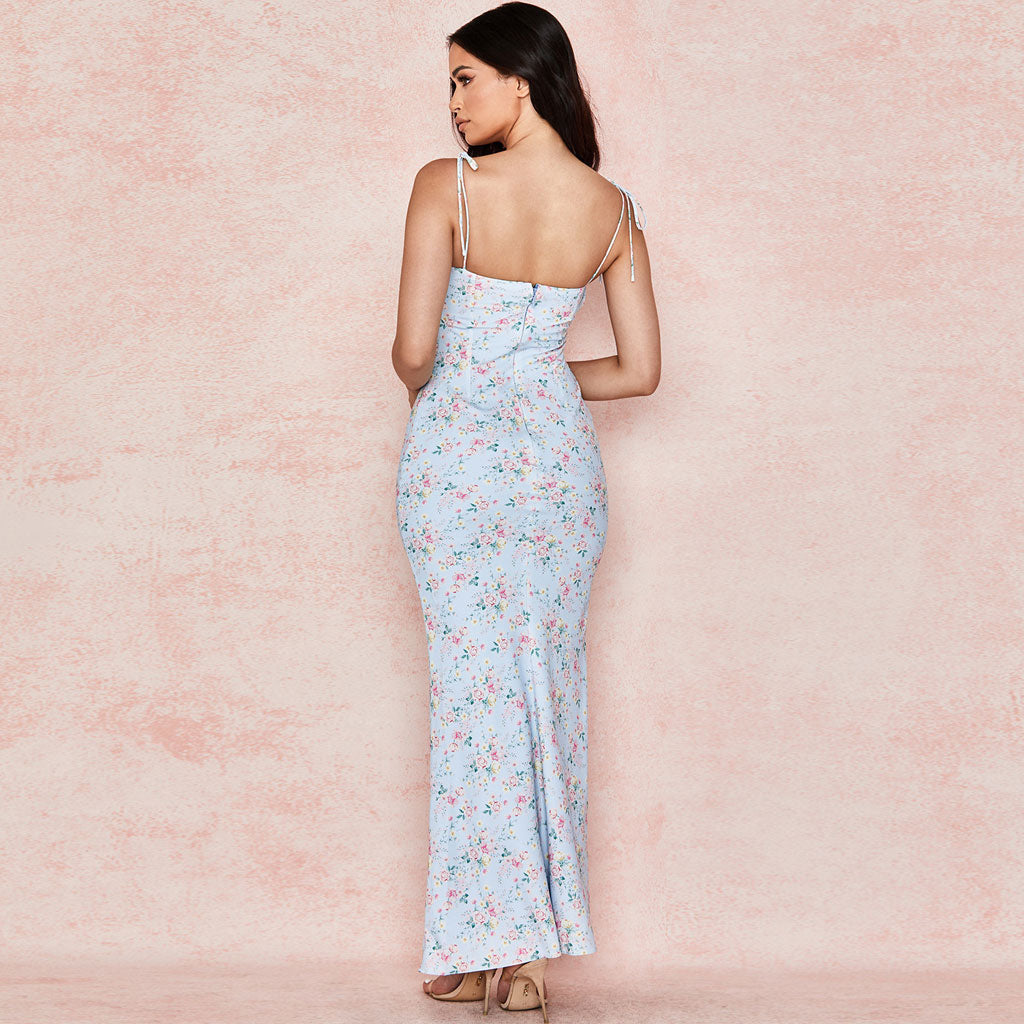 Printed Floss Strap Tied Bustier Slip Maxi Dress - Blue - View 3