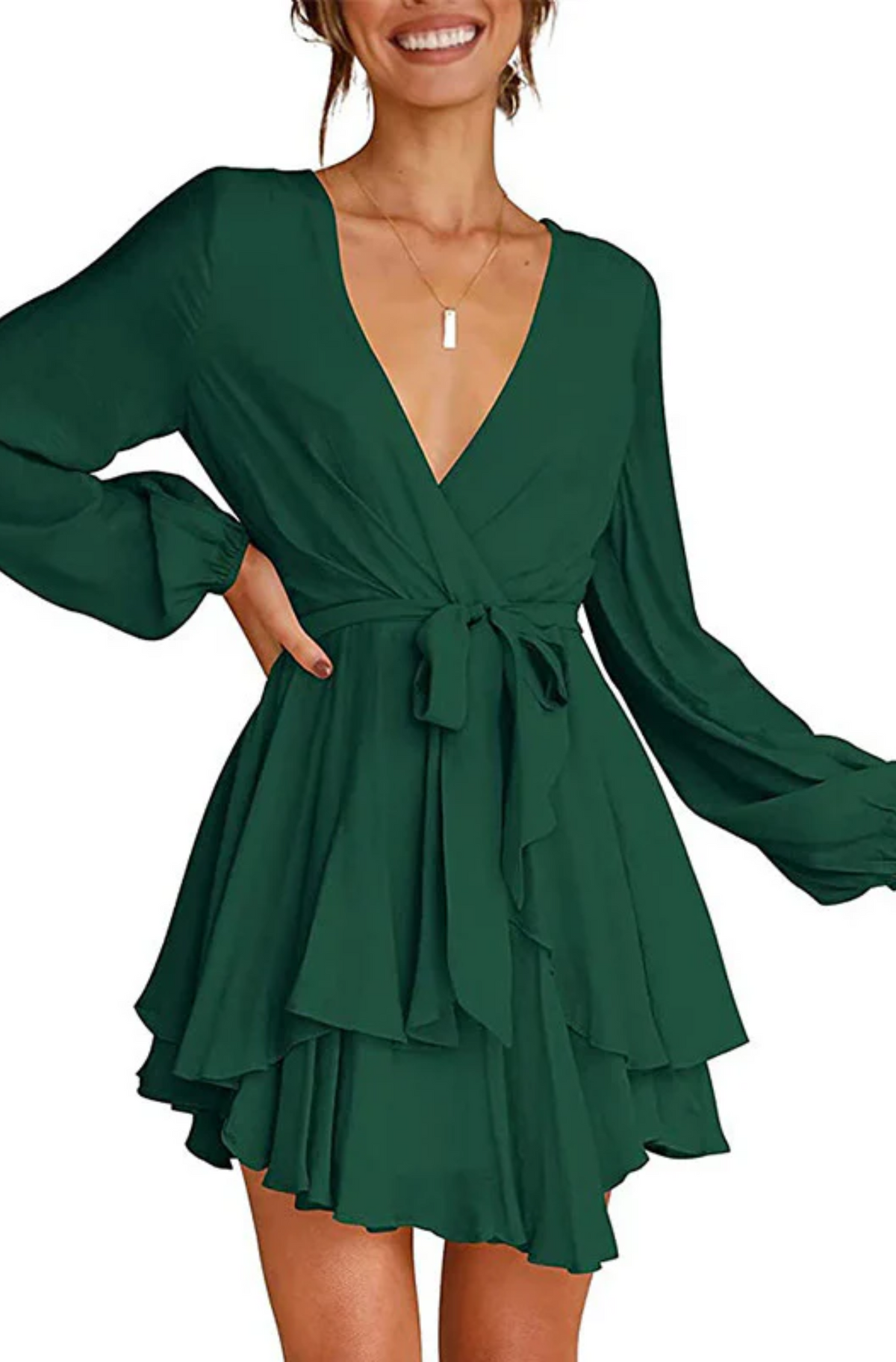 V-Neck Balloon Sleeve Wrap Ruffle Skirt Mini Dress 9