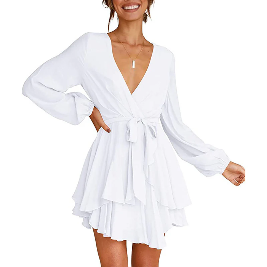 V-Neck Balloon Sleeve Wrap Ruffle Skirt Mini Dress 14