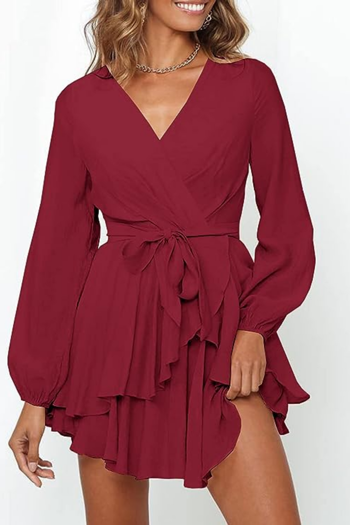 V-Neck Balloon Sleeve Wrap Ruffle Skirt Mini Dress 4
