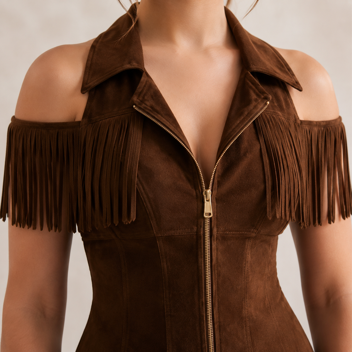 Suede Cold Shoulder Zip Front Fringe Mini Dress 14