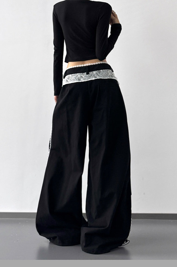 Vintage Lace Patchwork Bow High Waist Slim Wide Leg Pants