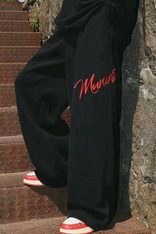 Embroidered Loose Wide Leg Cuffed Pants