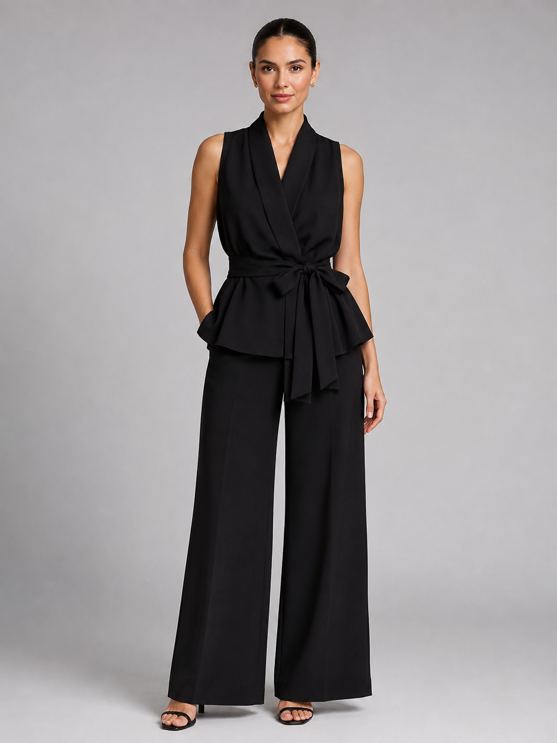 Sleeveless Shawl Collar Wrap Top and Wide Leg Pants Two Piece Set 2