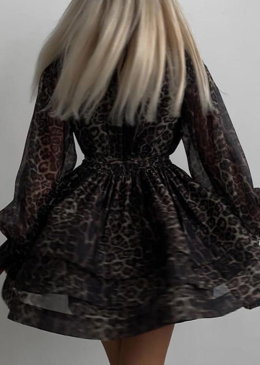 Animal Print Sheer Button Front Puff Sleeve Tiered Ruffle Mini Dress - View 4