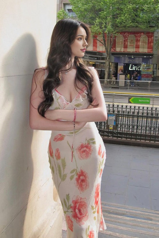 Backless Deep V-Neck Floral Dress