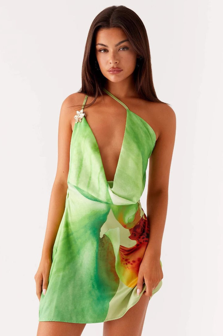 Satin One Shoulder Cowl Neck Brooch Strap A-Line Mini Dress - View 3
