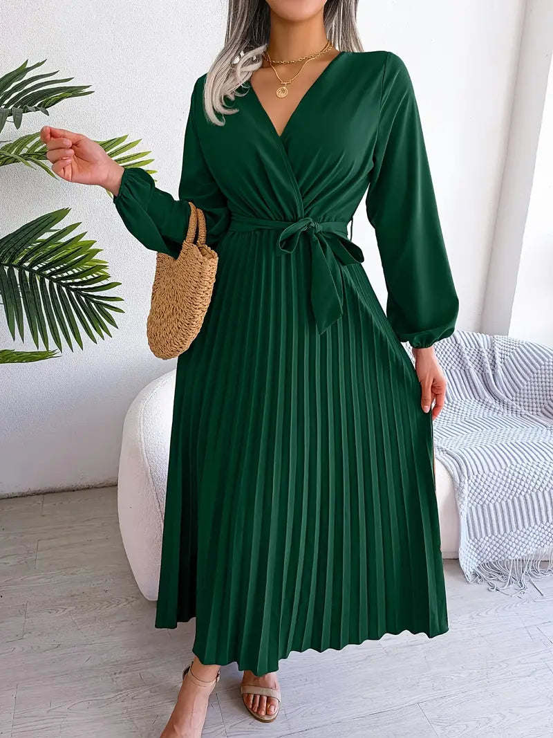Wrap V-Neck Long Sleeve Pleated Tie Waist Maxi Dress - View 6