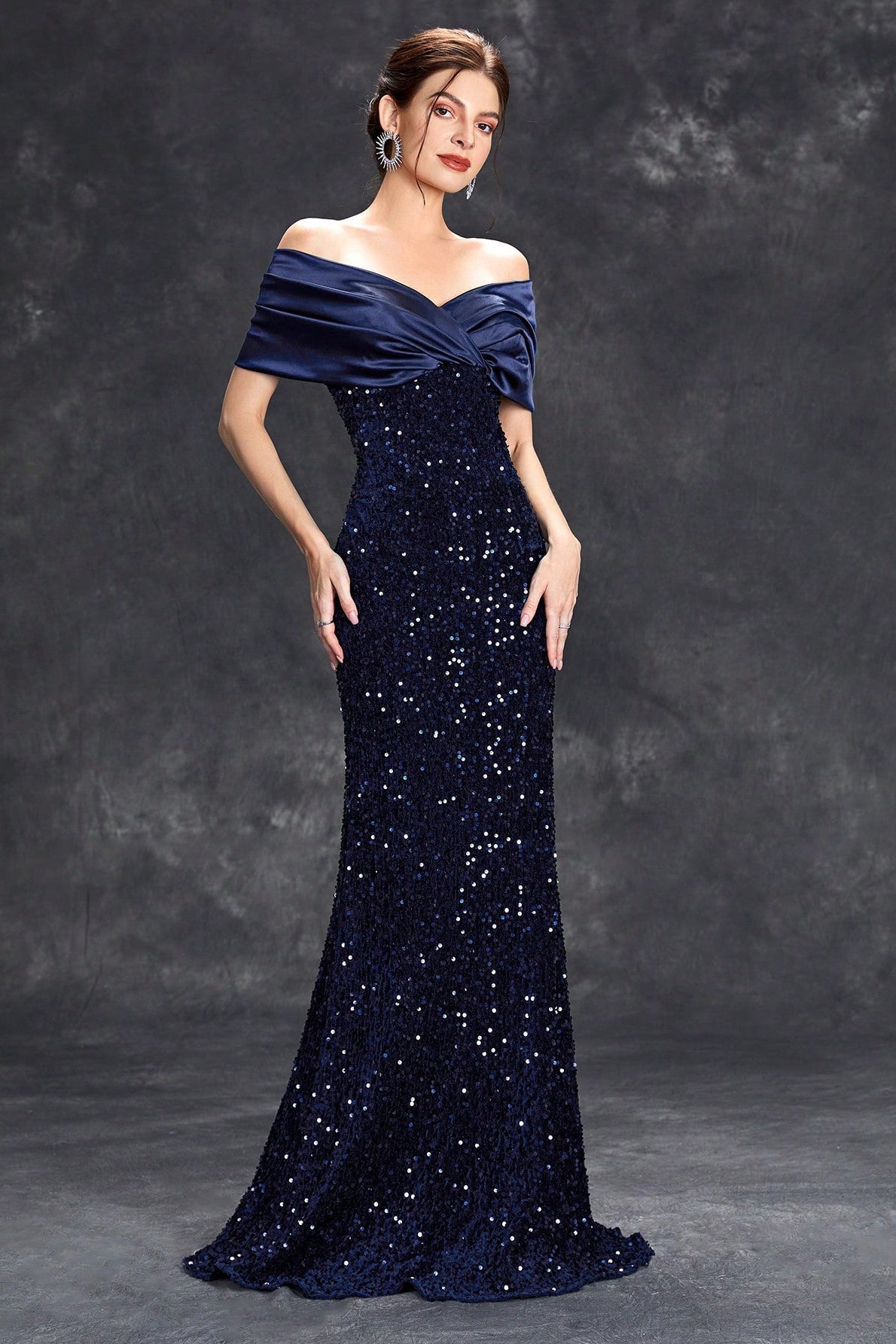 Sequin Off Shoulder Satin Twist Mermaid Maxi Gown - View 2