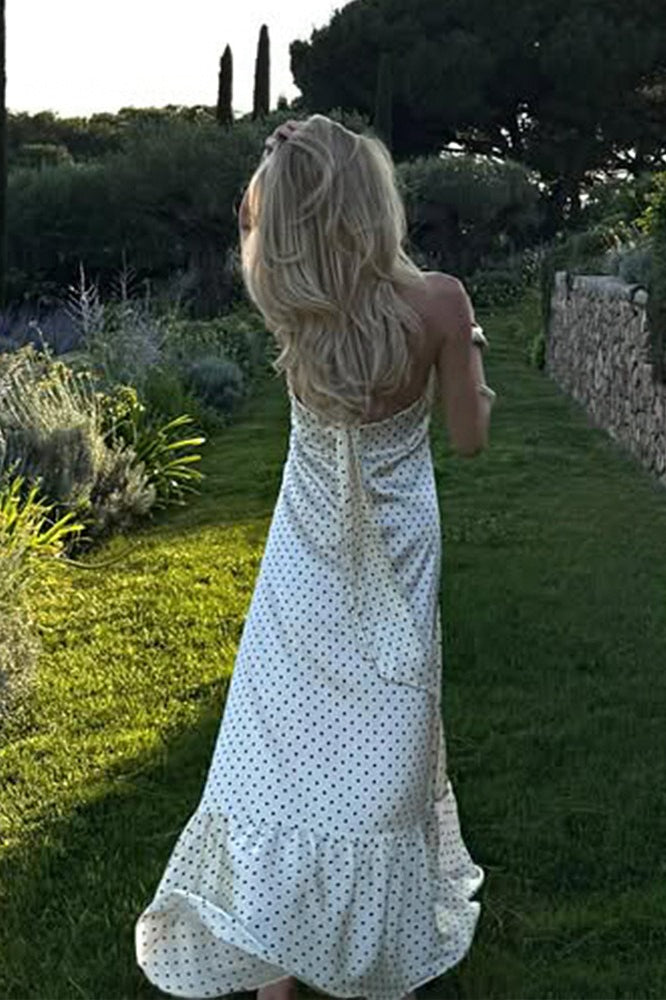 French Style Polka Dot Satin Backless Silk Dress - View 3