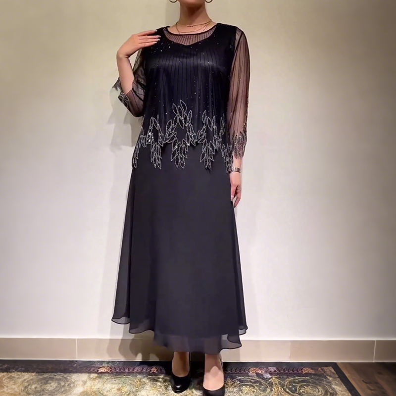 Embellished Sheer Long Sleeve Chiffon A-Line Midi Dress 2