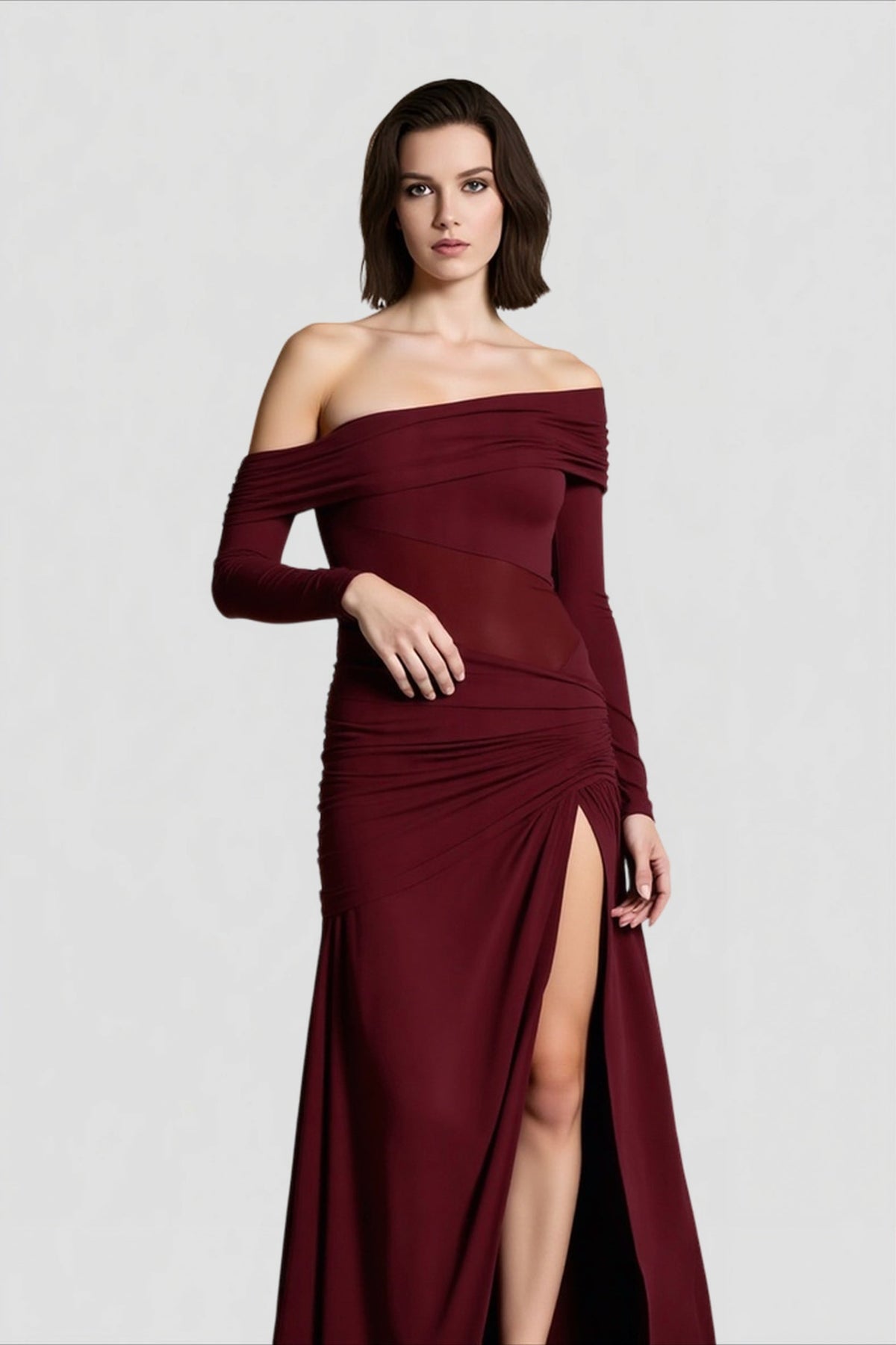 Off Shoulder Long Sleeve Ruched Sheer Bodycon Maxi Dress - View 4