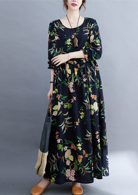 Floral Print Round Neck Long Sleeve Empire Waist Oversized Maxi Dress - View 5