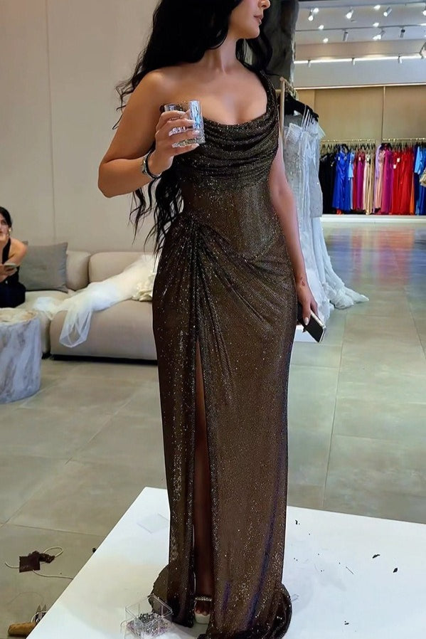 Sequin One Shoulder Ruched High Split Gown - View 4