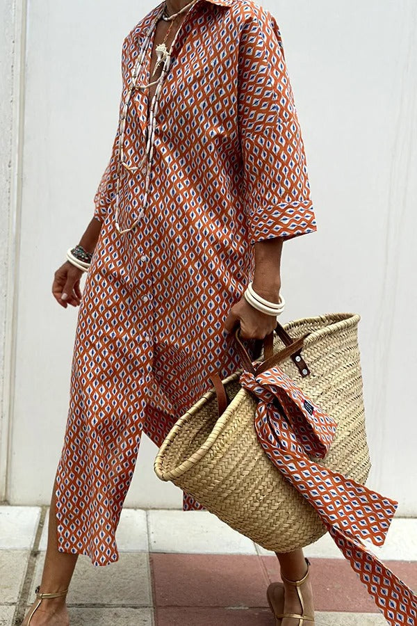 Vertical Striped Collared Button Down Drop Midi Shirt Dress - View 3