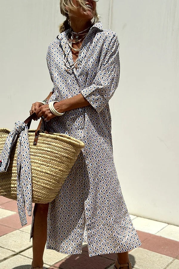 Vertical Striped Collared Button Down Drop Midi Shirt Dress - View 4