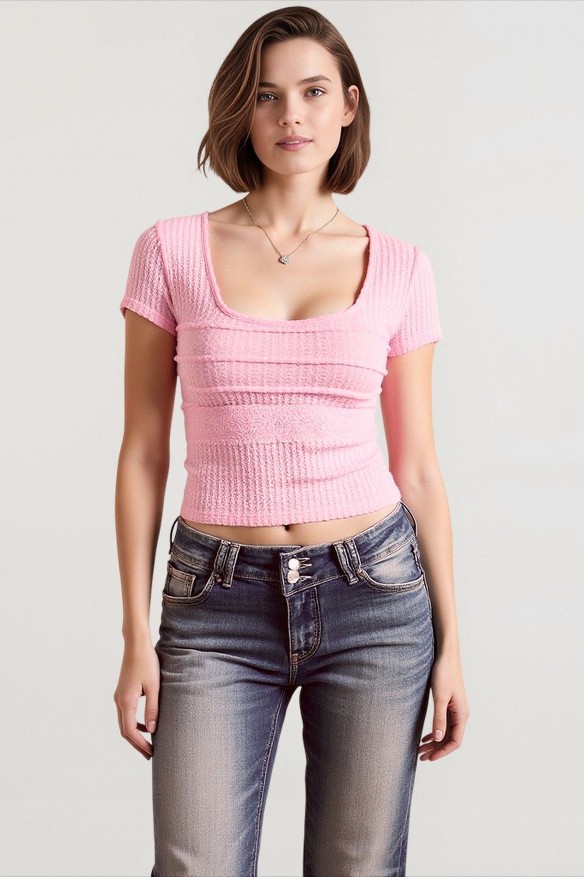 Scoop Neck Short Sleeve Ribbed Knit Top 2