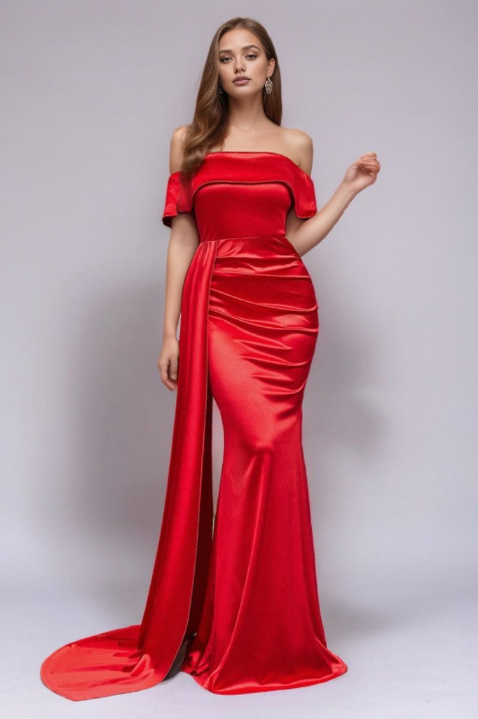 Solid Satin Off-Shoulder High-Waist Mermaid Silk Dress - View 5
