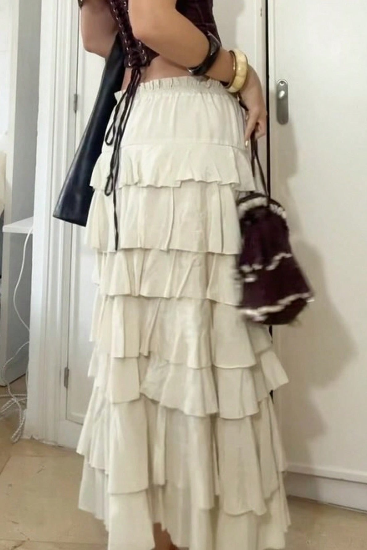 Sweet Tiered Flounce Midi Skirt