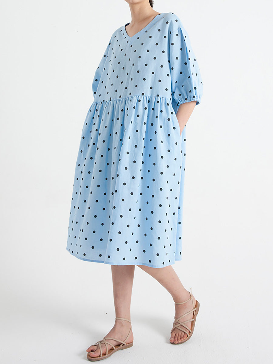 Polka Dot V-Neck Puff Sleeve Empire Waist Midi Dress - View 4