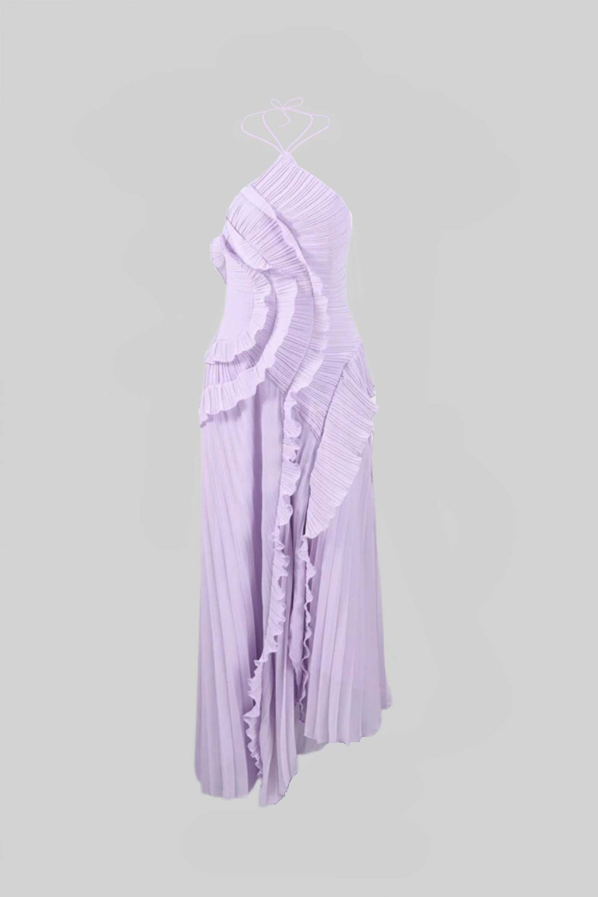 Pleated Halter Midi Dress With Cascading Ruffle Details - Lavender - View 5