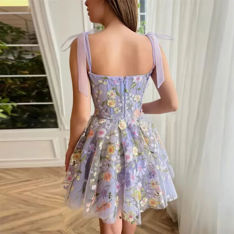 Floral Appliqué Corset Bodice Ribbon A-Line Mini Cocktail Dress - View 4