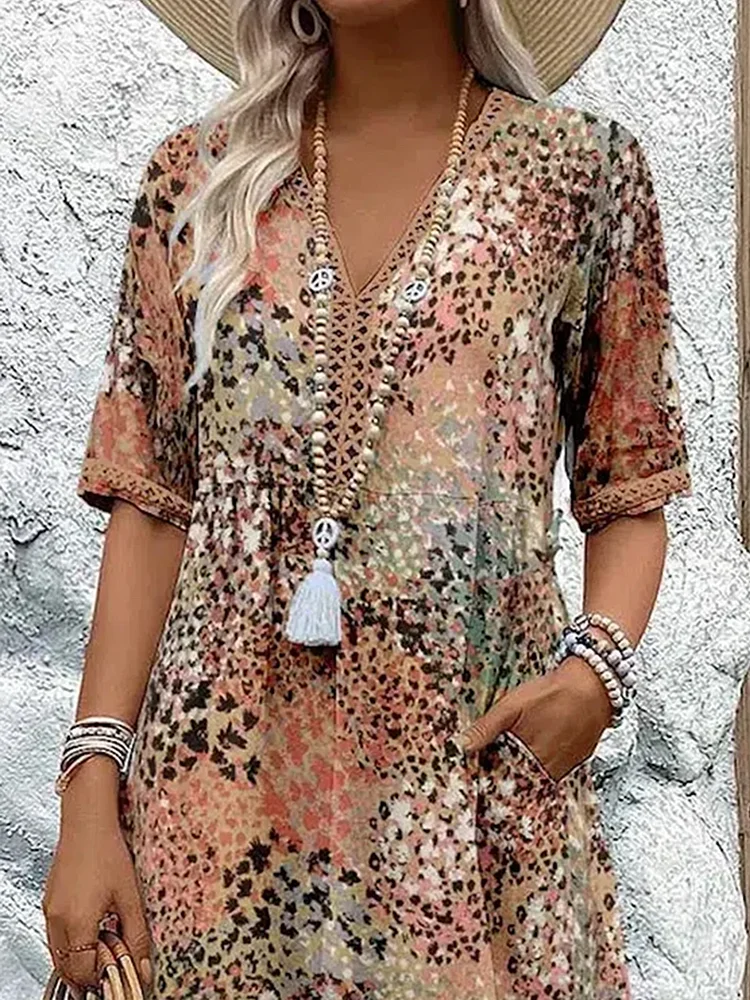 Abstract Print V-Neck Short Sleeve Tiered Midi Dress 7
