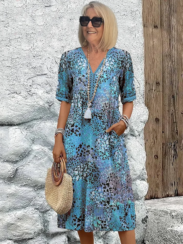 Abstract Print V-Neck Short Sleeve Tiered Midi Dress