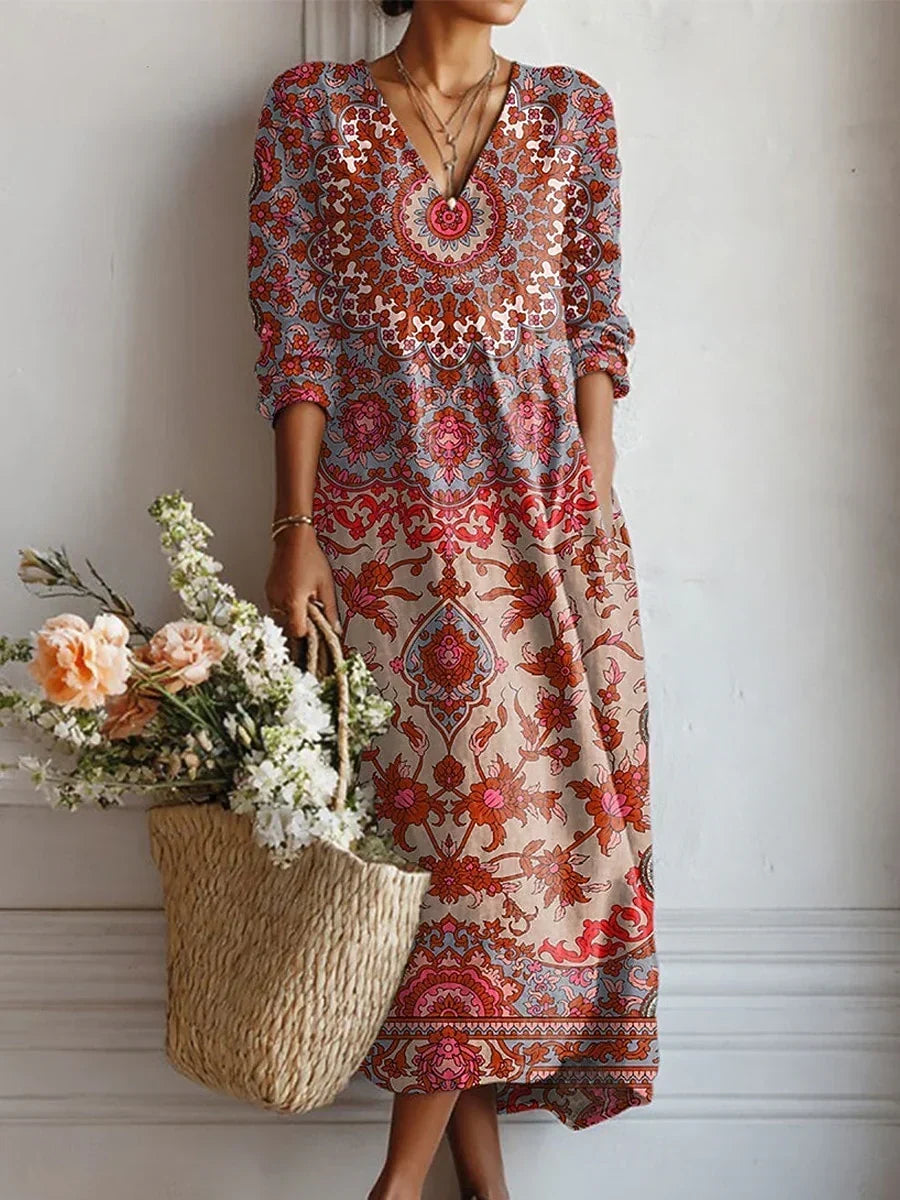 Paisley Print V-Neck A-Line Midi Dress 2