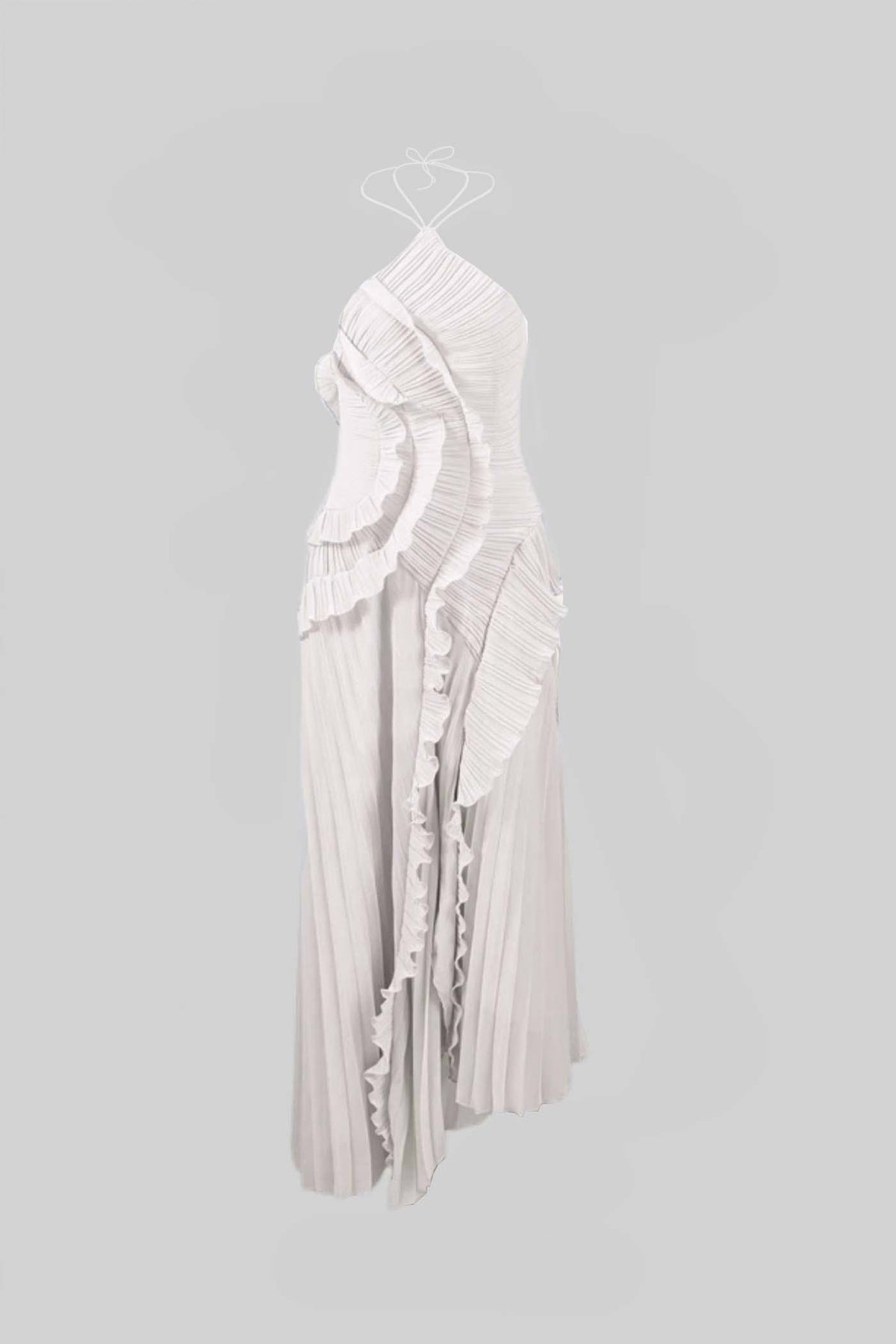 Pleated Halter Midi Dress With Cascading Ruffle Details - White - View 5