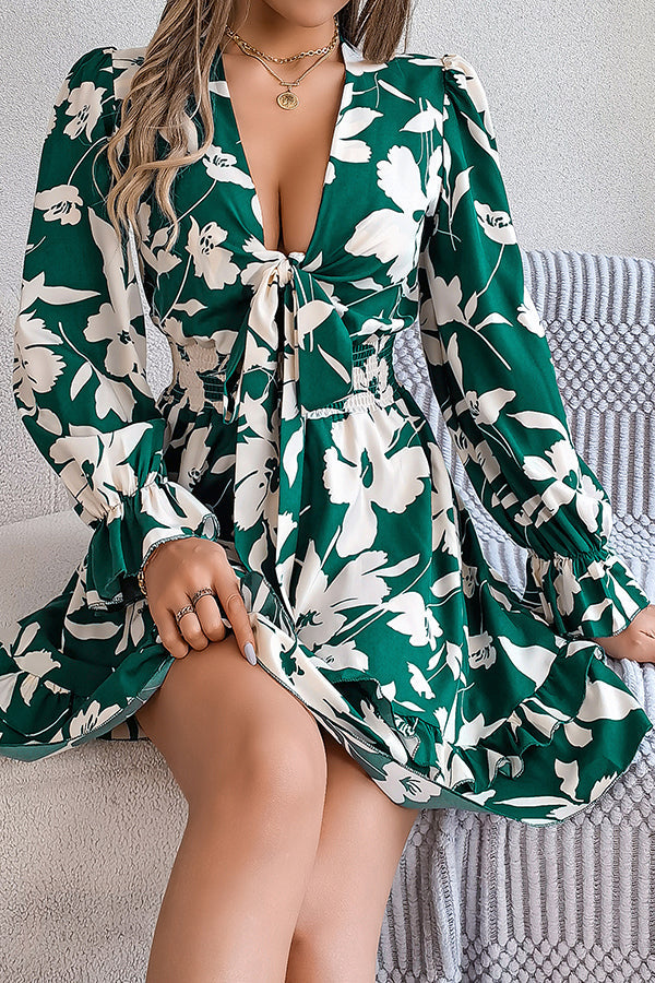 Floral Print V-Neck Tie Front Long Sleeve Ruffle Hem Mini Dress - View 11