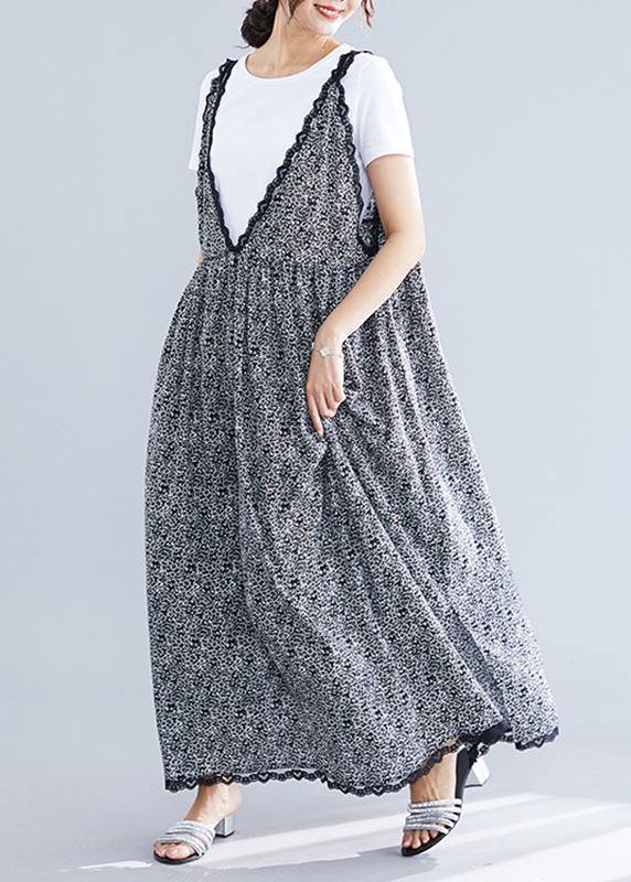 Floral Print V-Neck Lace Trim Scalloped Hem Sleeveless Maxi Dress - View 3
