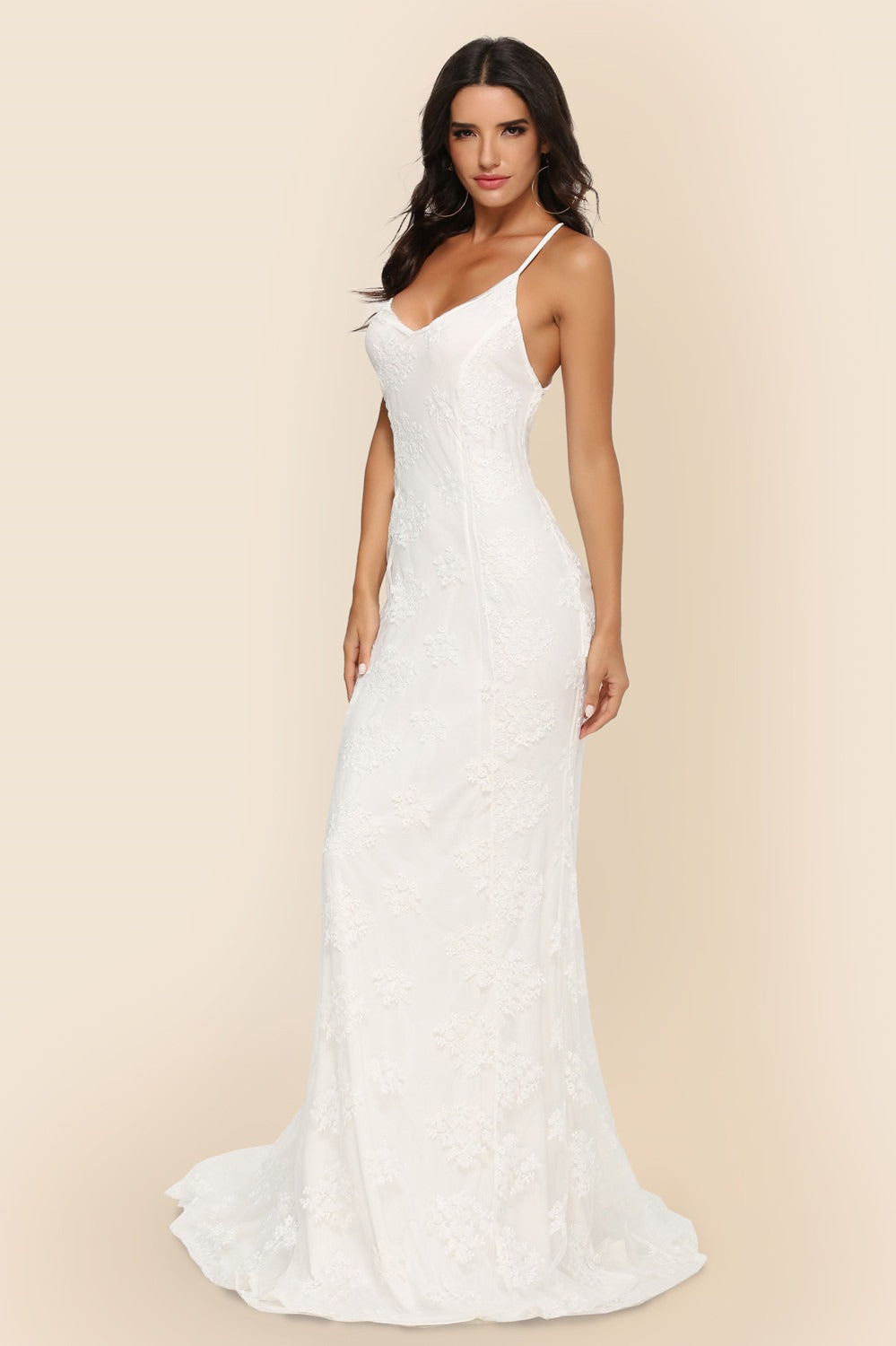 Lace V-Neck Spaghetti Strap Backless Mermaid Gown - View 3